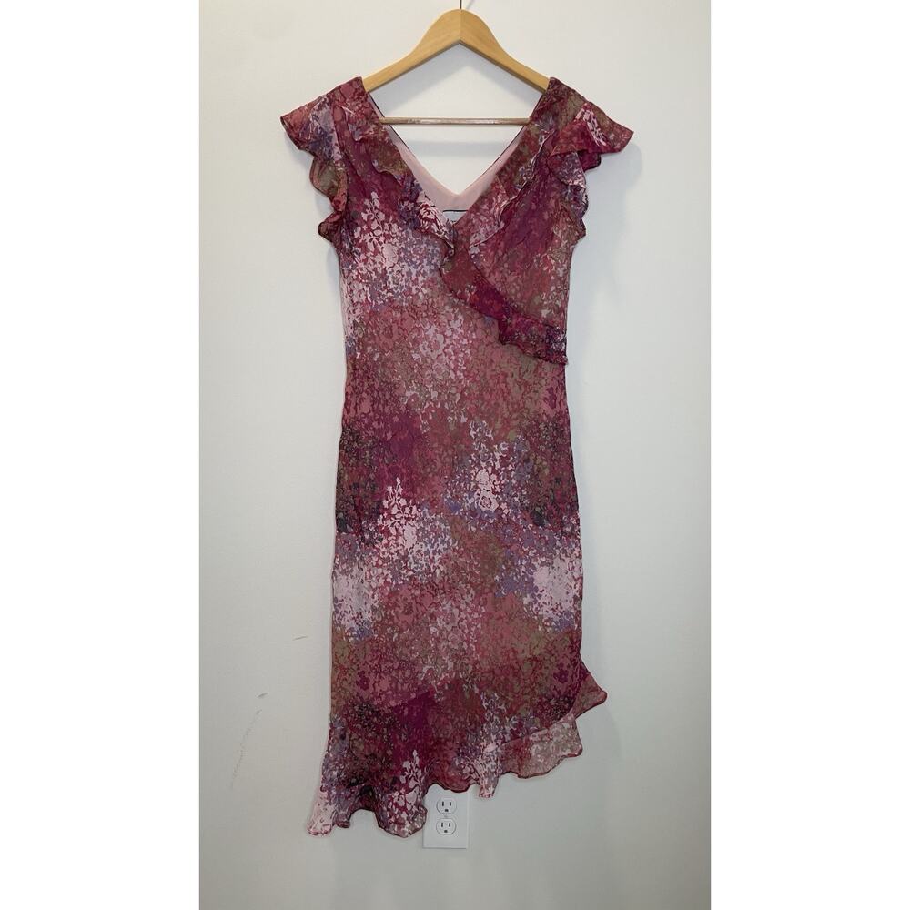 Breakin' Loose Y2K 90s Floral Ruffle V-Neck Asymetrical Midi Dress Pink Sz 9/10